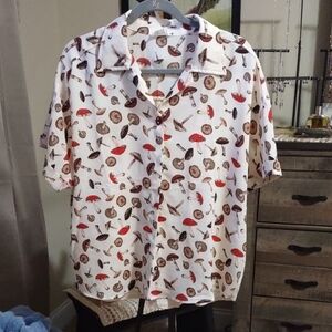 White Short-Sleeve Button-Down Shirt with Red & Brown Mushroom Print